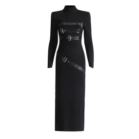 Patchwork Belt Minimalist Dresses For Women Stand Collar Long Sleeve High Waist Temperament Slimming Dress Female Fashion