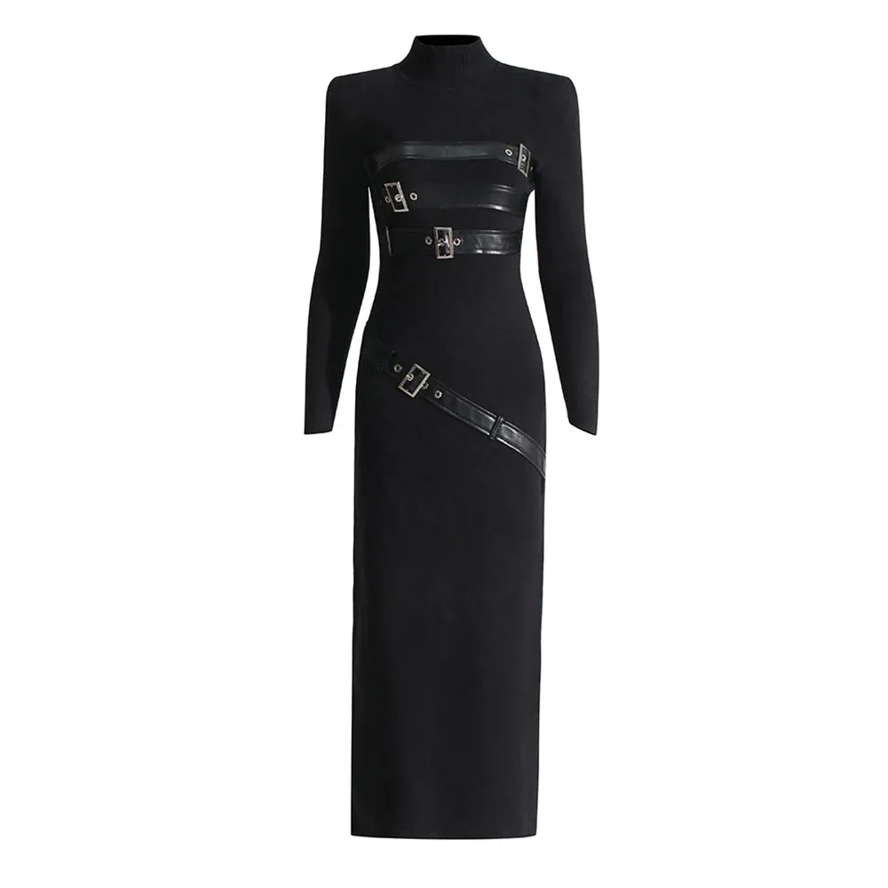 Patchwork Belt Minimalist Dresses For Women Stand Collar Long Sleeve High Waist Temperament Slimming Dress Female Fashion