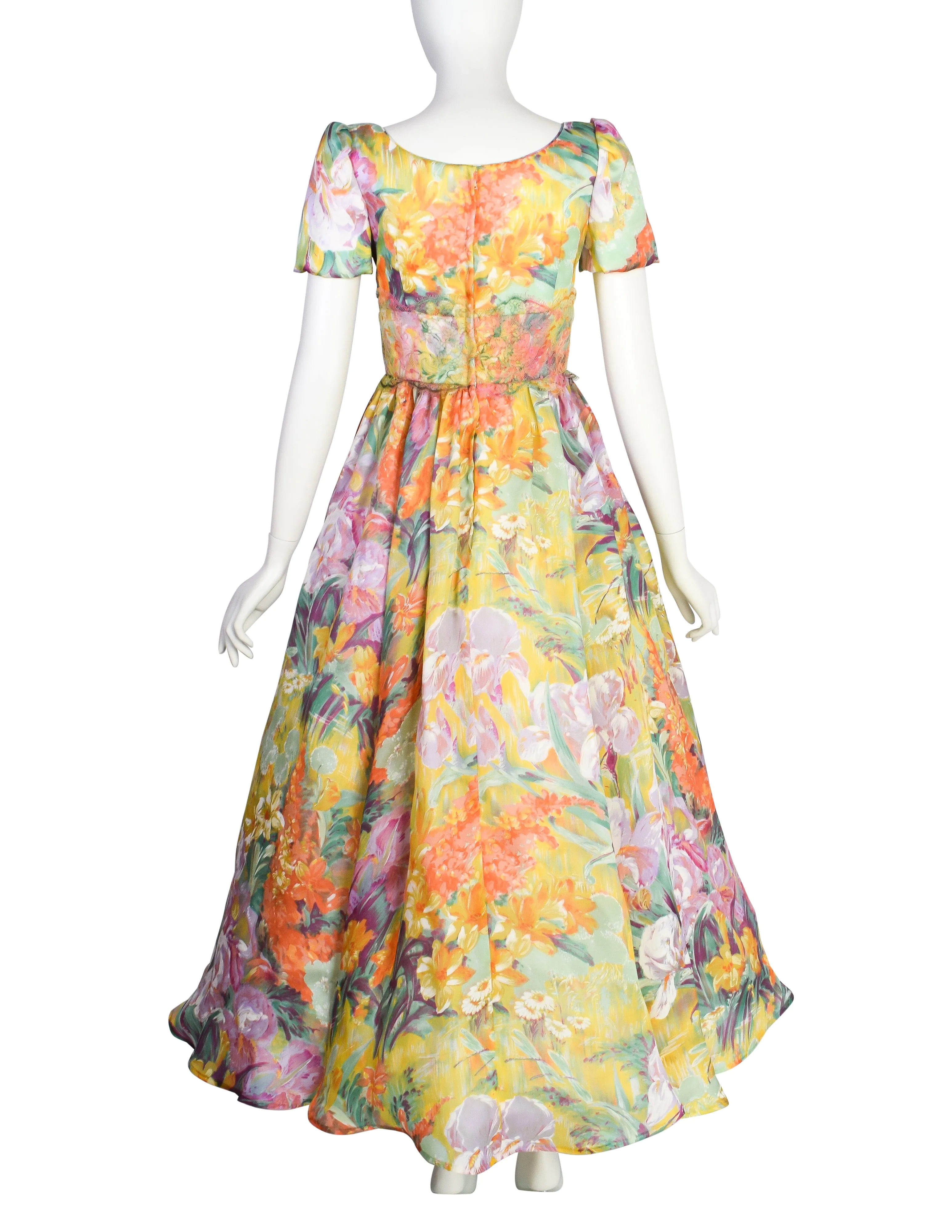 Patricia Rhodes Couture Vintage Silk Organza Painterly Floral Full Skirt Gown