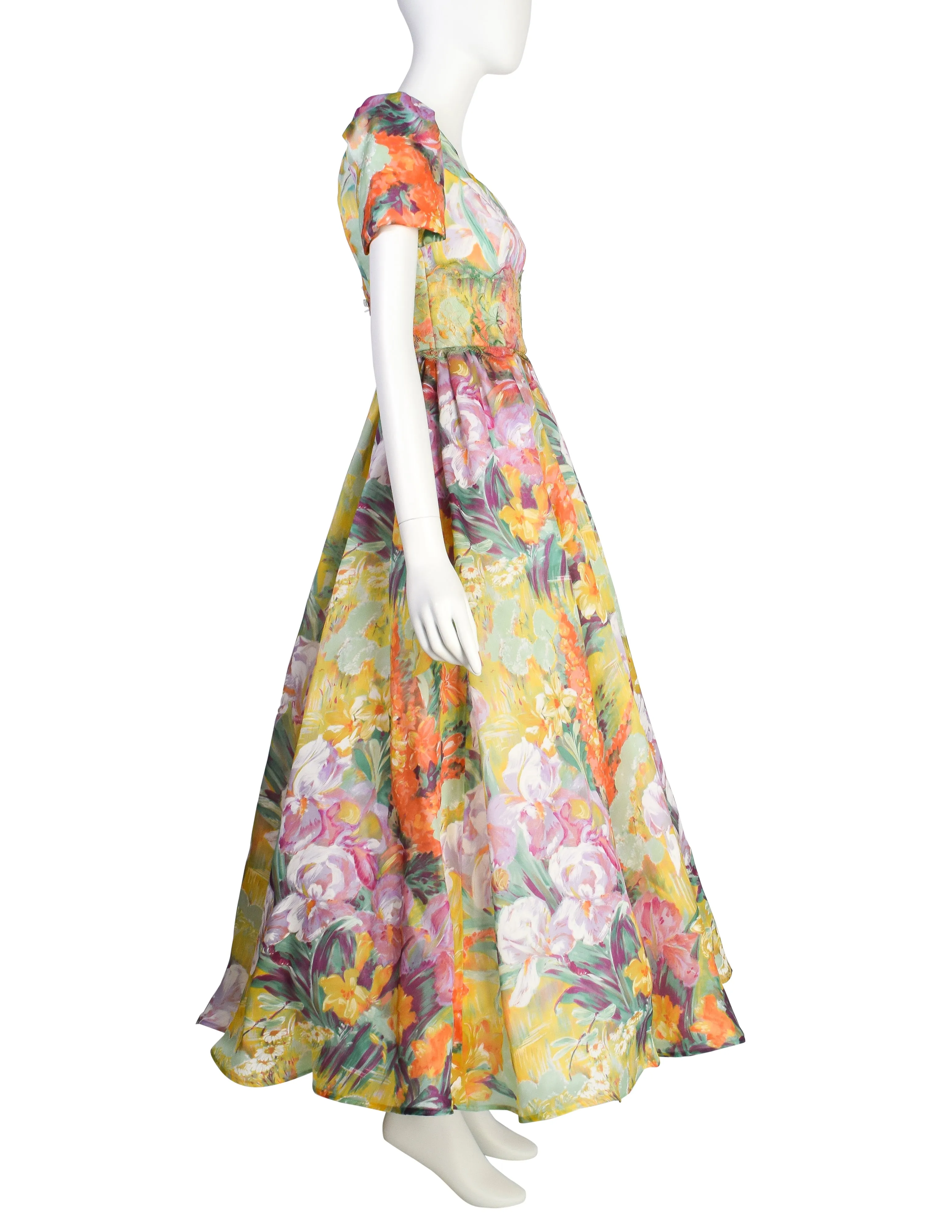 Patricia Rhodes Couture Vintage Silk Organza Painterly Floral Full Skirt Gown