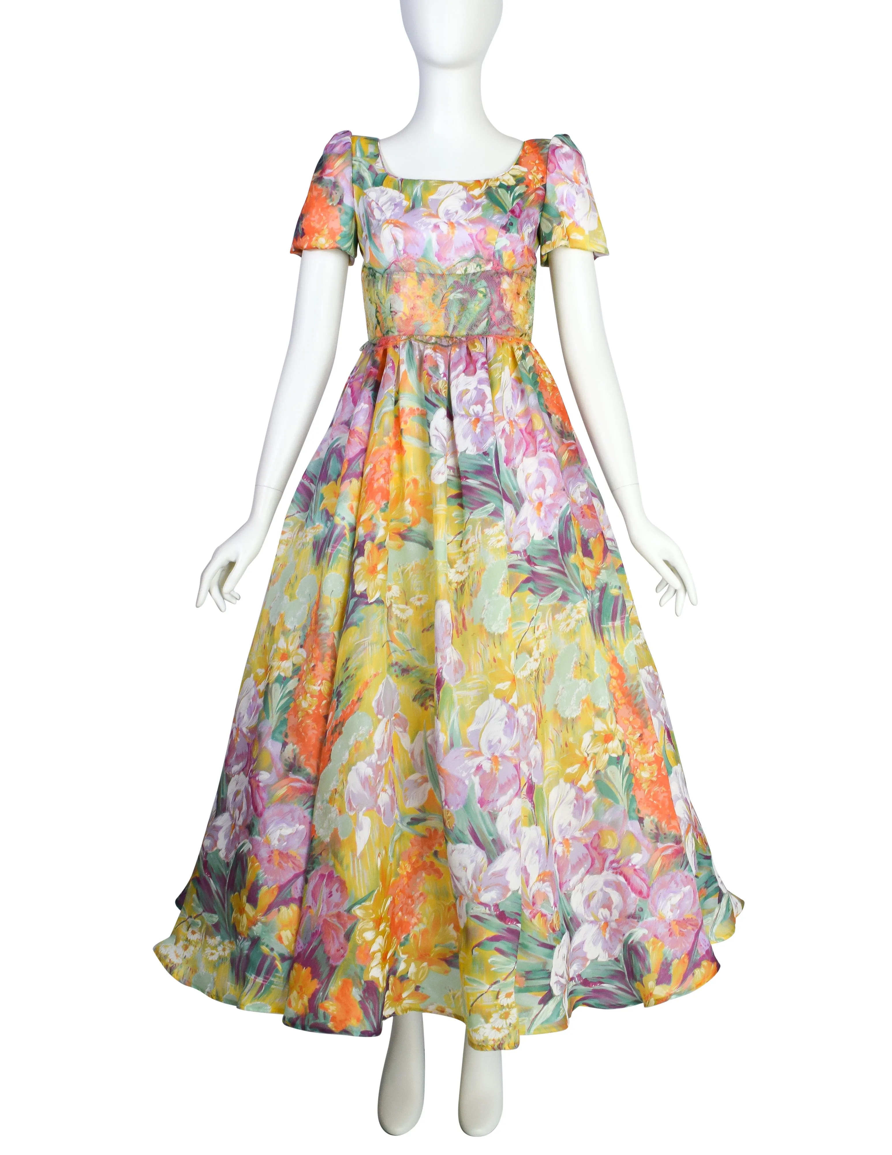 Patricia Rhodes Couture Vintage Silk Organza Painterly Floral Full Skirt Gown