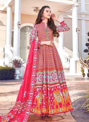 Pink Multi Colour Printed Cotton Silk Anarkali Suit