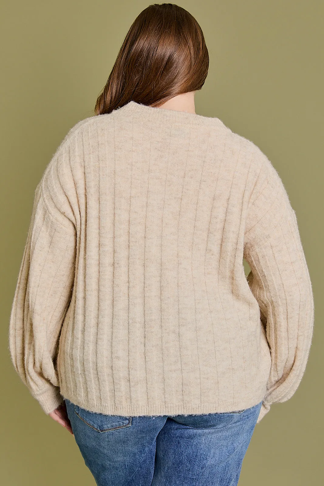 Plus Size Subtle Ribbing Detail Long Sleeve Sweater