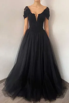 Princess Black Gothic Coret Tulle Prom Dress, Elegant Black Formal Gown    fg364