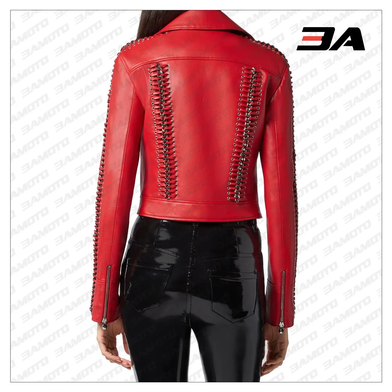 Red Perfecto Crystal Work Biker Jacket