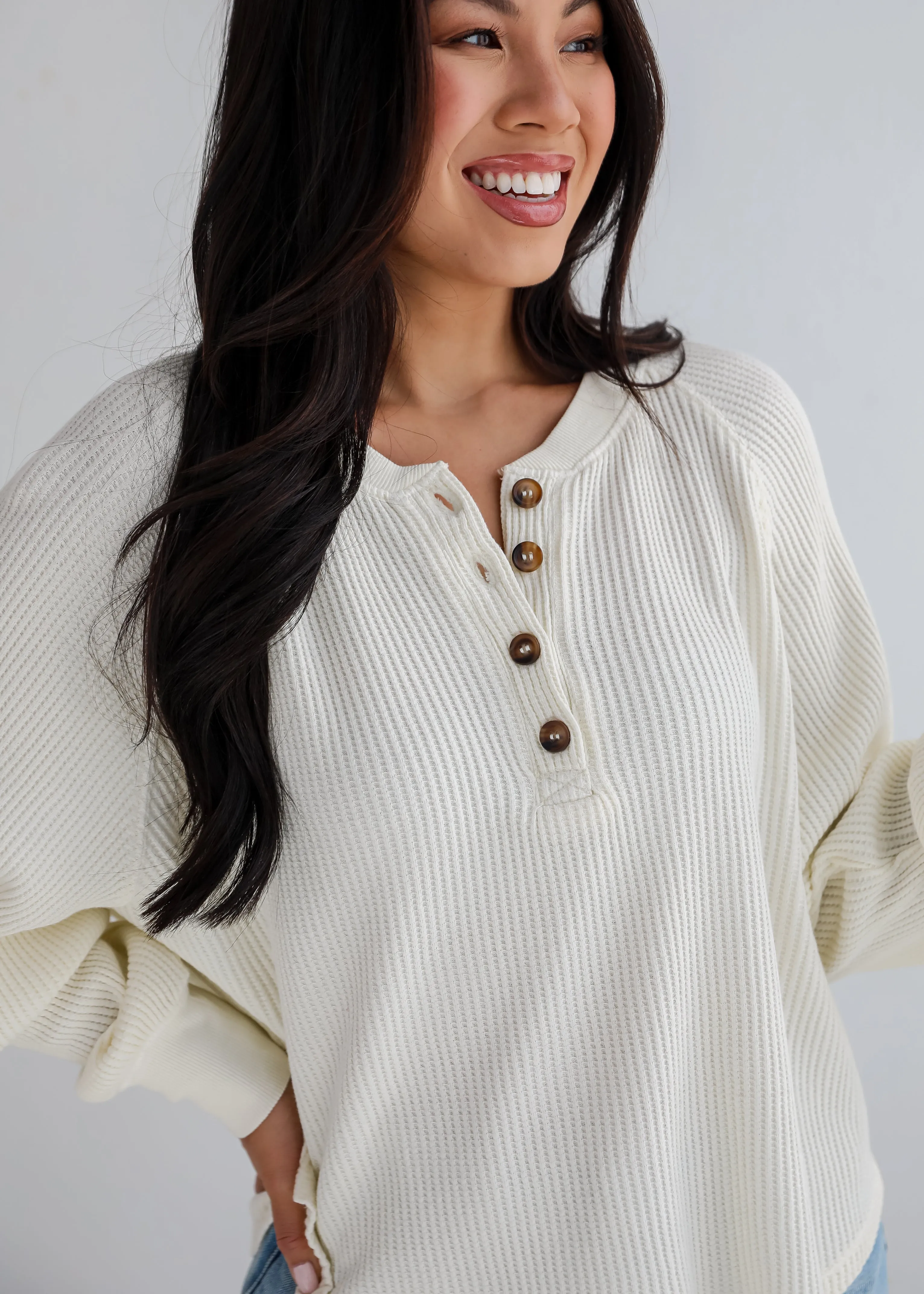 Relaxing Weekend Ivory Waffle Knit Henley Top - DU DEAL