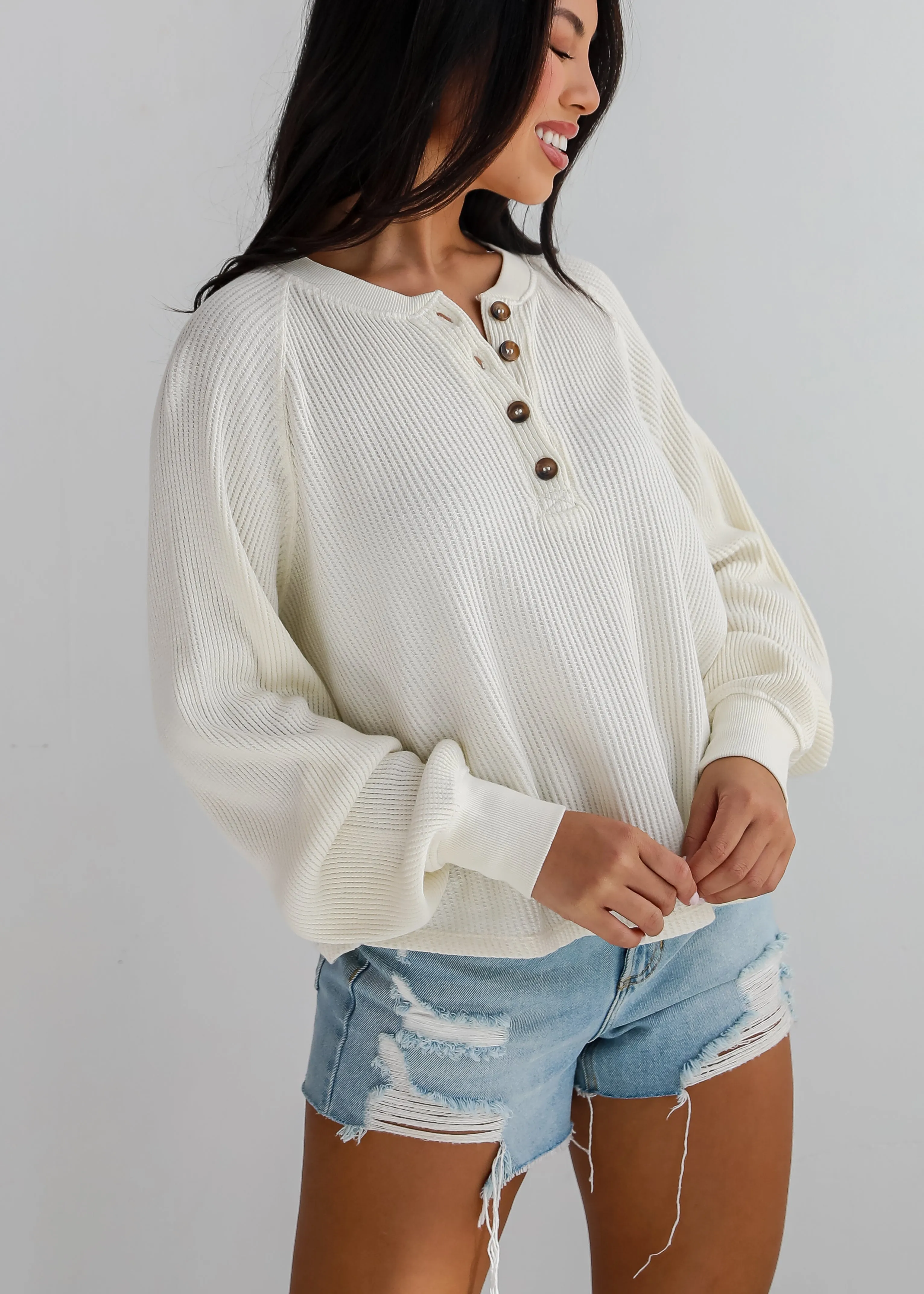 Relaxing Weekend Ivory Waffle Knit Henley Top - DU DEAL