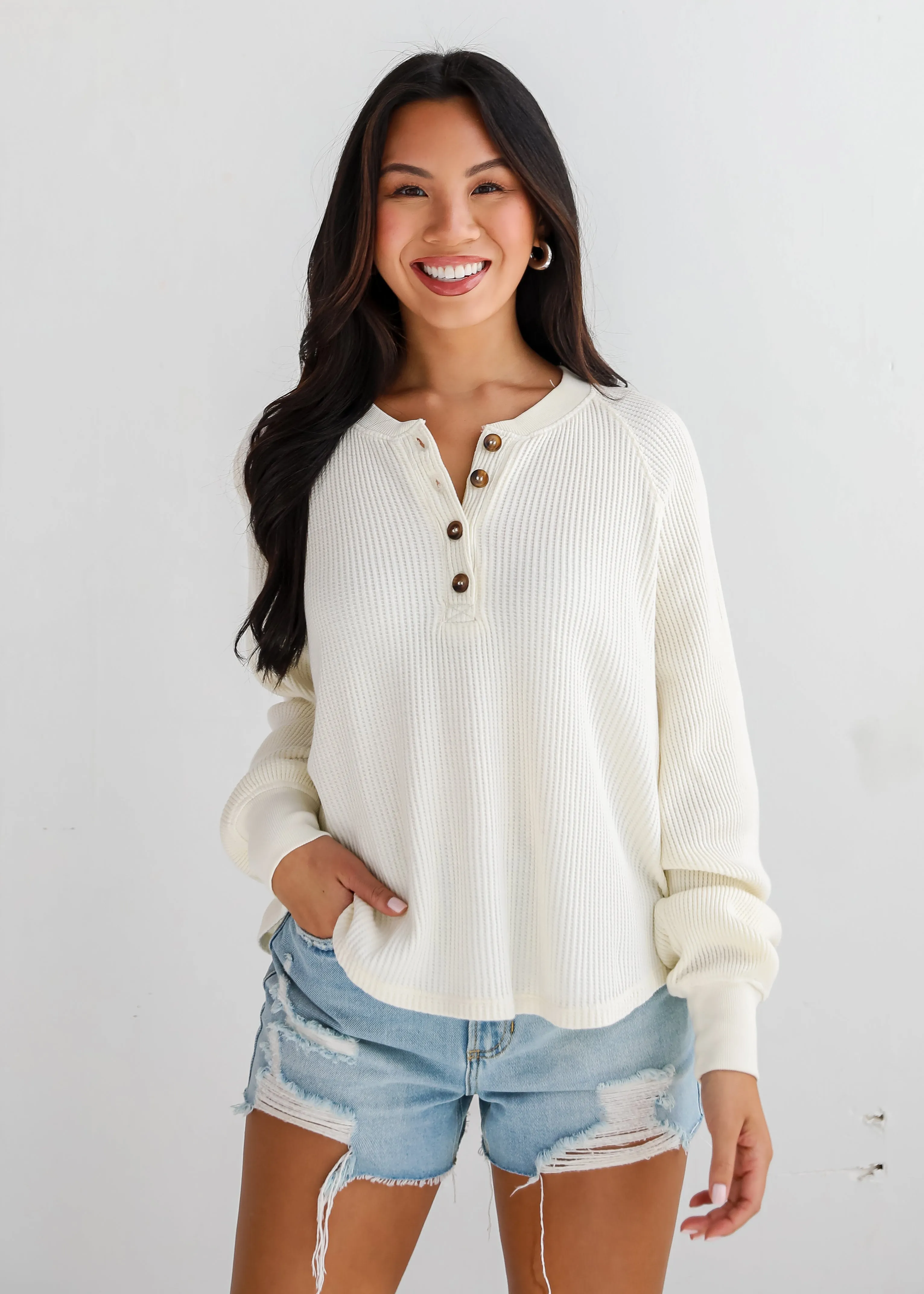 Relaxing Weekend Ivory Waffle Knit Henley Top - DU DEAL