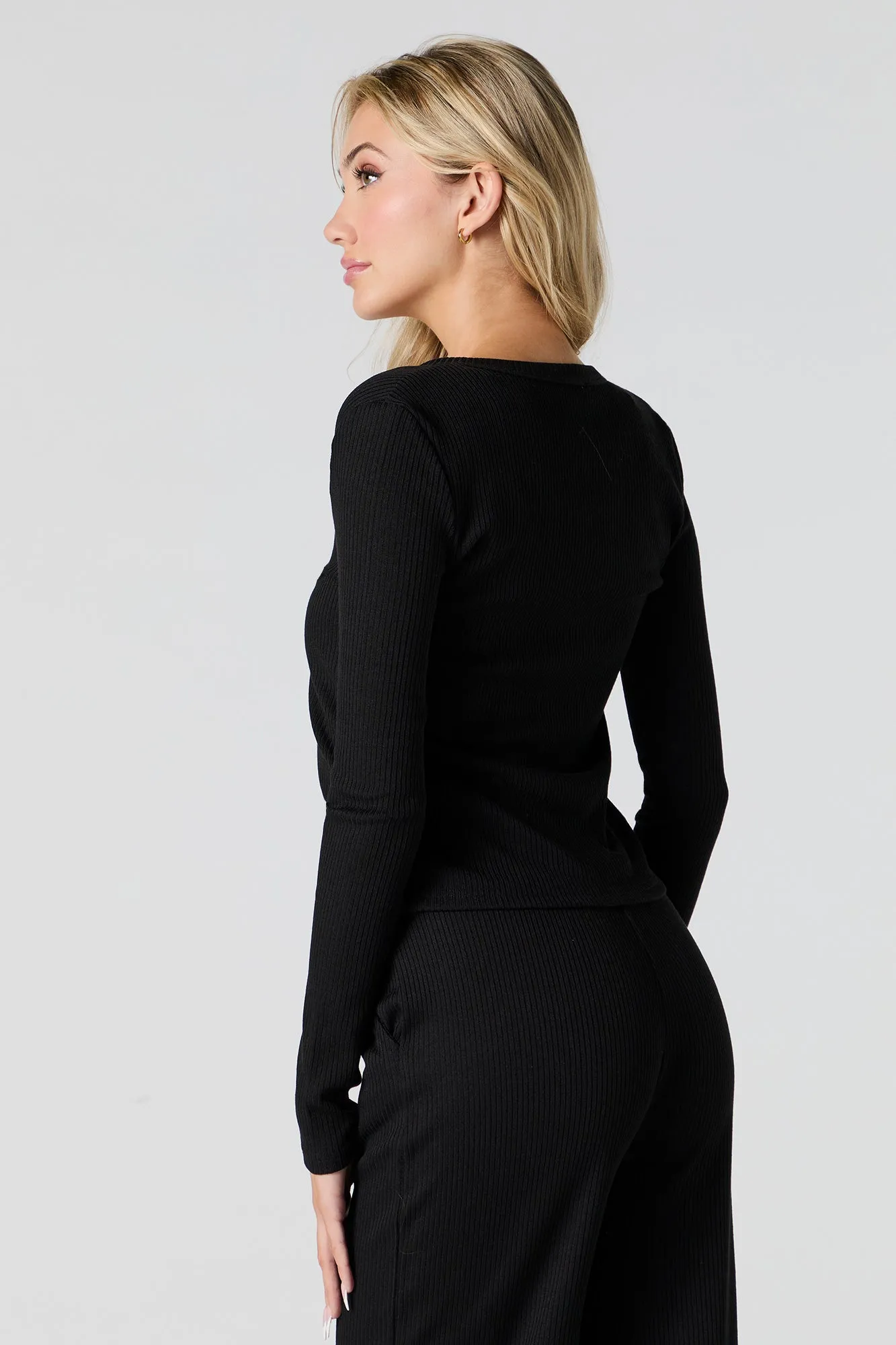 Ribbed Knit Clasp Front Long Sleeve Top