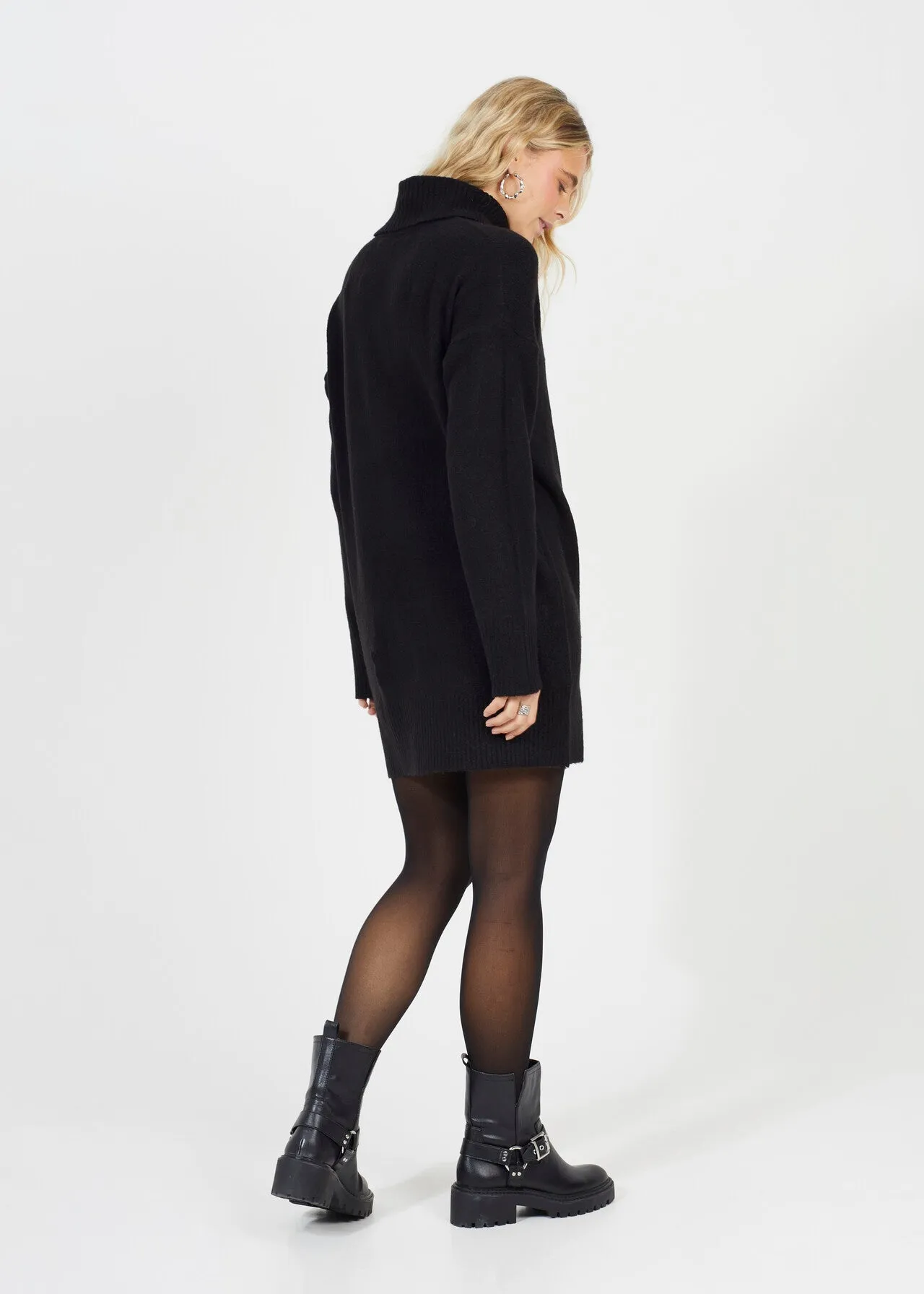 ROLL NECK KNITTED DRESS, BLACK