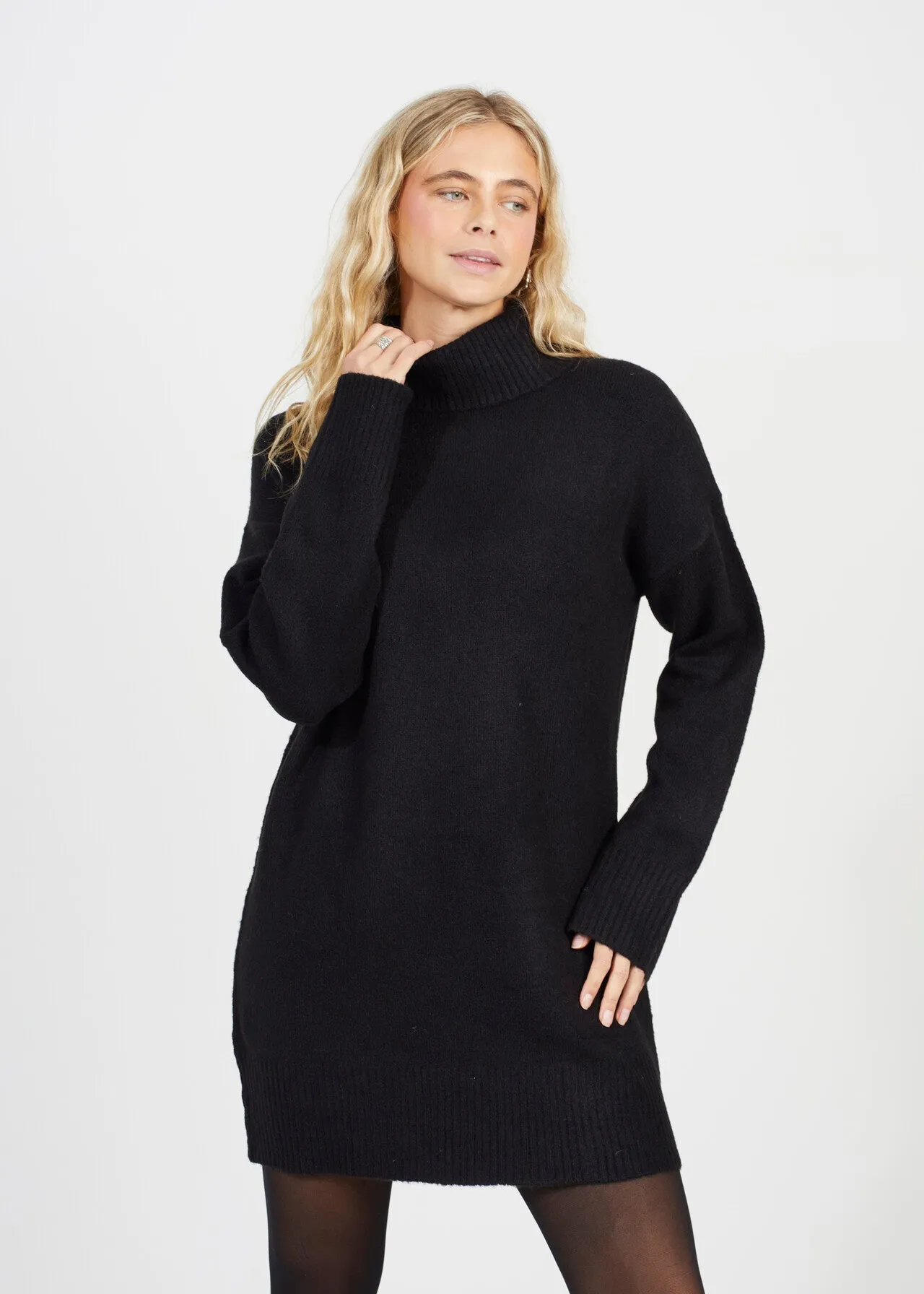 ROLL NECK KNITTED DRESS, BLACK