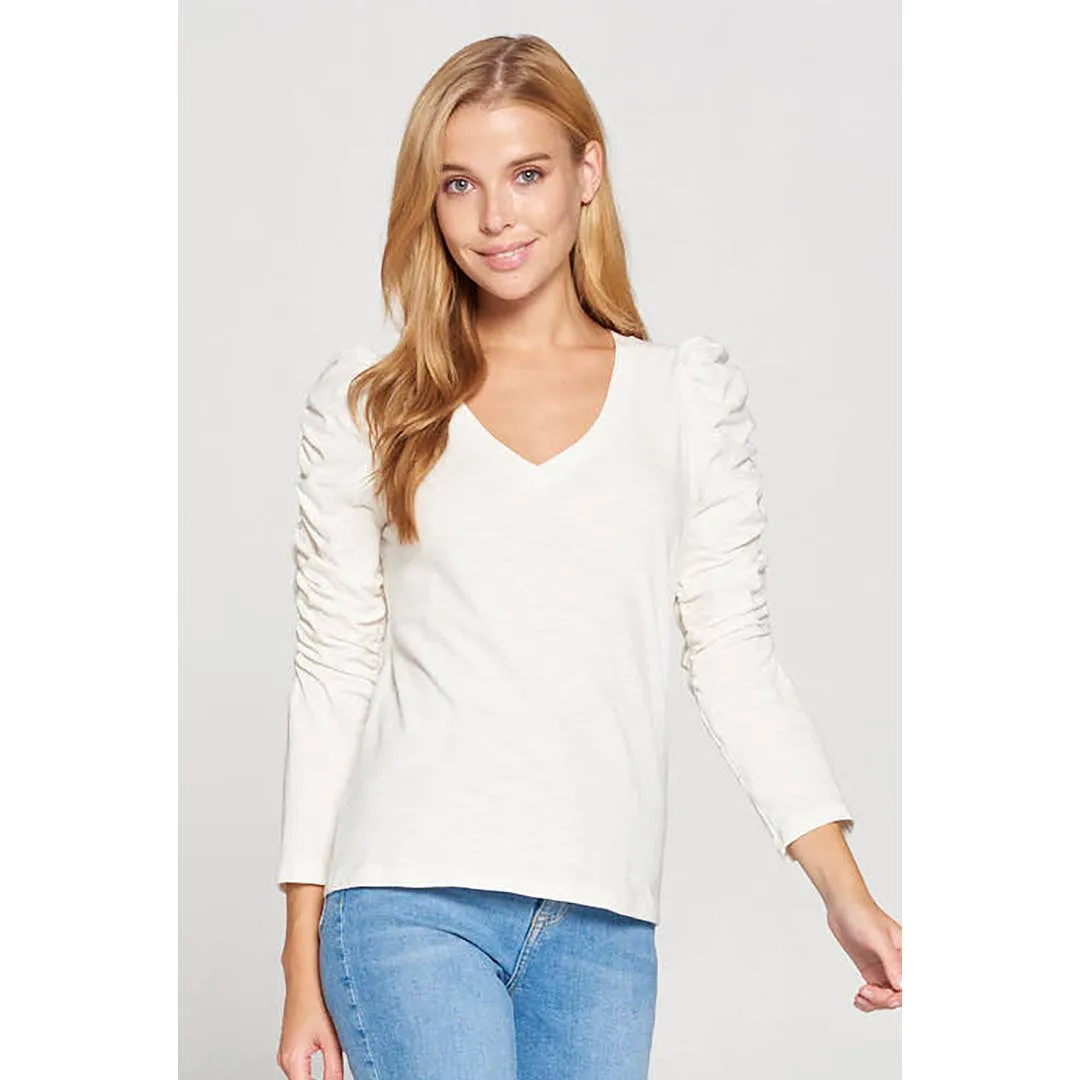 RUCHED SLEEVE V-NECK TOP