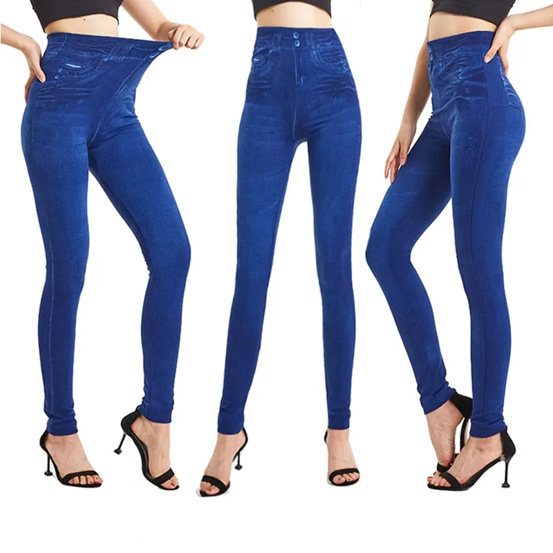 Sexy Leggins Push Up Faux Denim Trousers Elastic High Waist Women Leggings Sports Pants Workout Running Fitness Gym