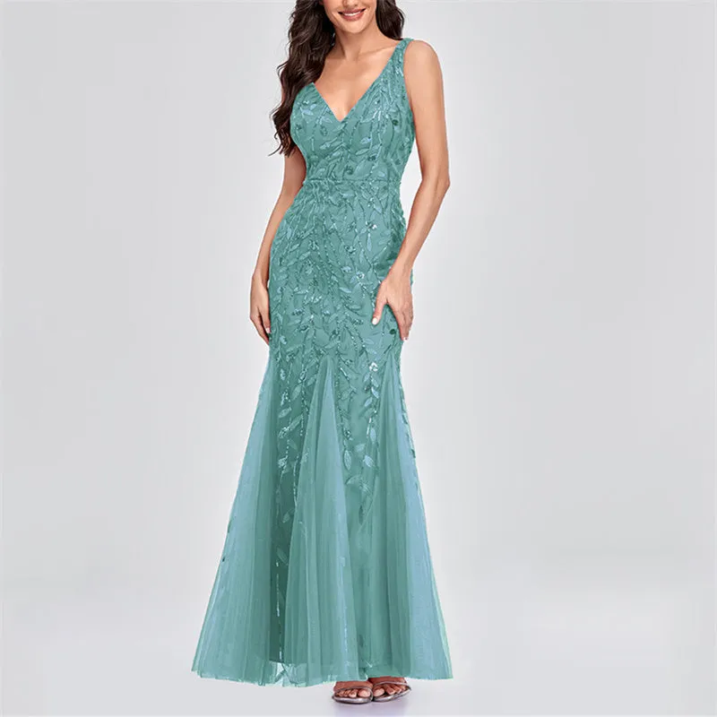 Sexy v neck sequins mesh patchwork fishtail maxi dress | Sleeveless mermaid dress bridesmaid evening gowns