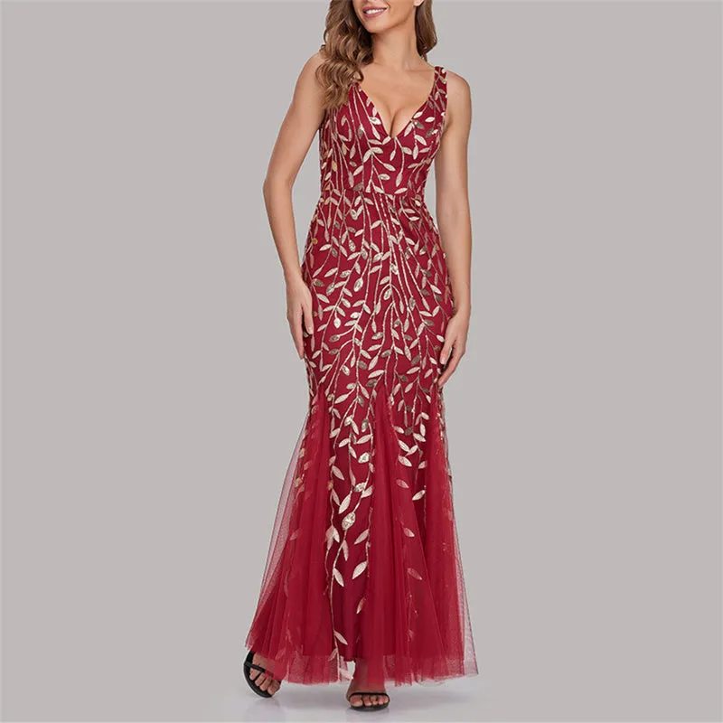 Sexy v neck sequins mesh patchwork fishtail maxi dress | Sleeveless mermaid dress bridesmaid evening gowns