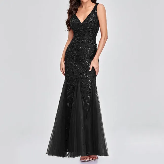 Sexy v neck sequins mesh patchwork fishtail maxi dress | Sleeveless mermaid dress bridesmaid evening gowns