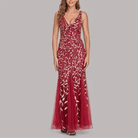 Sexy v neck sequins mesh patchwork fishtail maxi dress | Sleeveless mermaid dress bridesmaid evening gowns