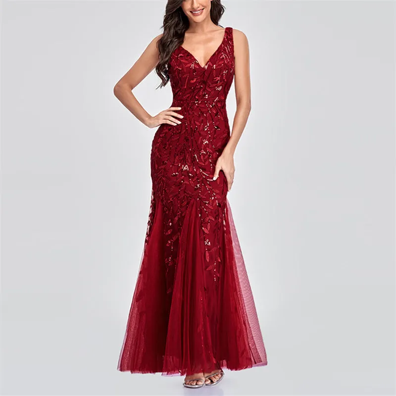 Sexy v neck sequins mesh patchwork fishtail maxi dress | Sleeveless mermaid dress bridesmaid evening gowns