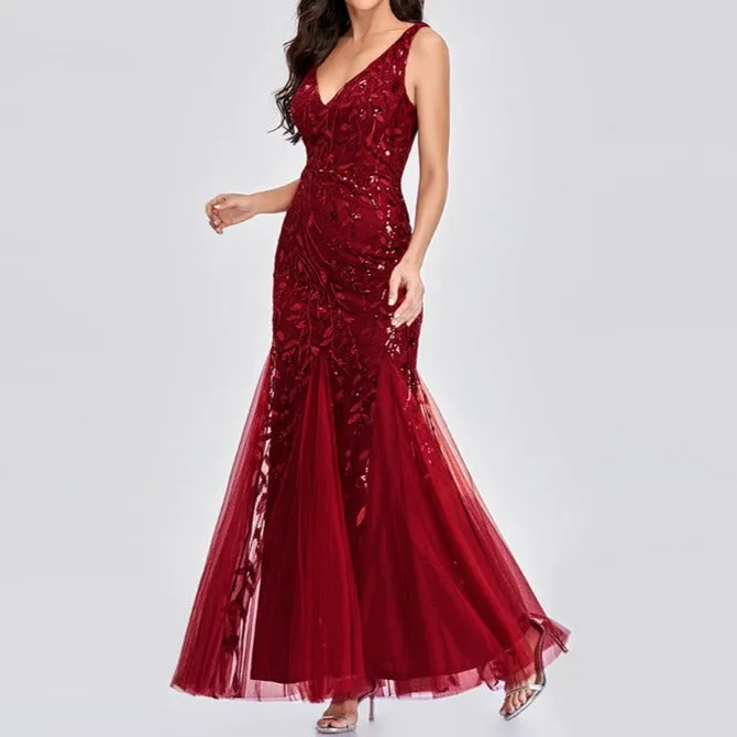 Sexy v neck sequins mesh patchwork fishtail maxi dress | Sleeveless mermaid dress bridesmaid evening gowns