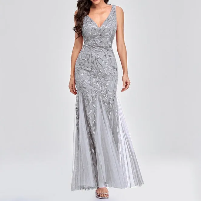 Sexy v neck sequins mesh patchwork fishtail maxi dress | Sleeveless mermaid dress bridesmaid evening gowns