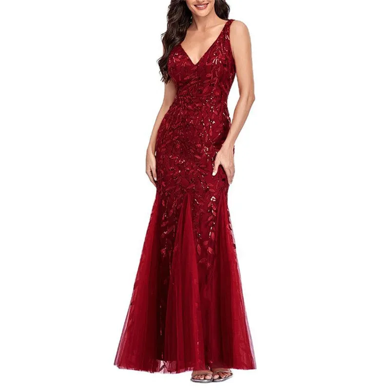 Sexy v neck sequins mesh patchwork fishtail maxi dress | Sleeveless mermaid dress bridesmaid evening gowns