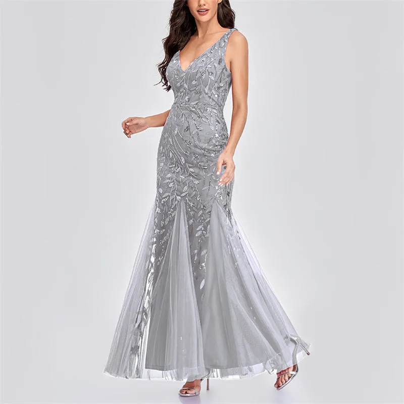 Sexy v neck sequins mesh patchwork fishtail maxi dress | Sleeveless mermaid dress bridesmaid evening gowns