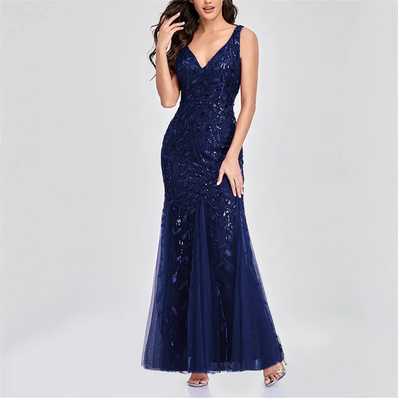 Sexy v neck sequins mesh patchwork fishtail maxi dress | Sleeveless mermaid dress bridesmaid evening gowns