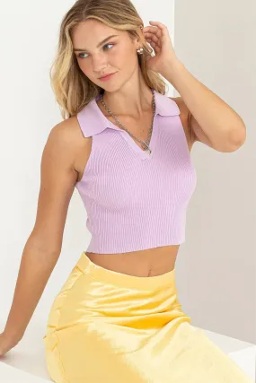 SLEEVELESS COLLARED CROP KNIT TOP