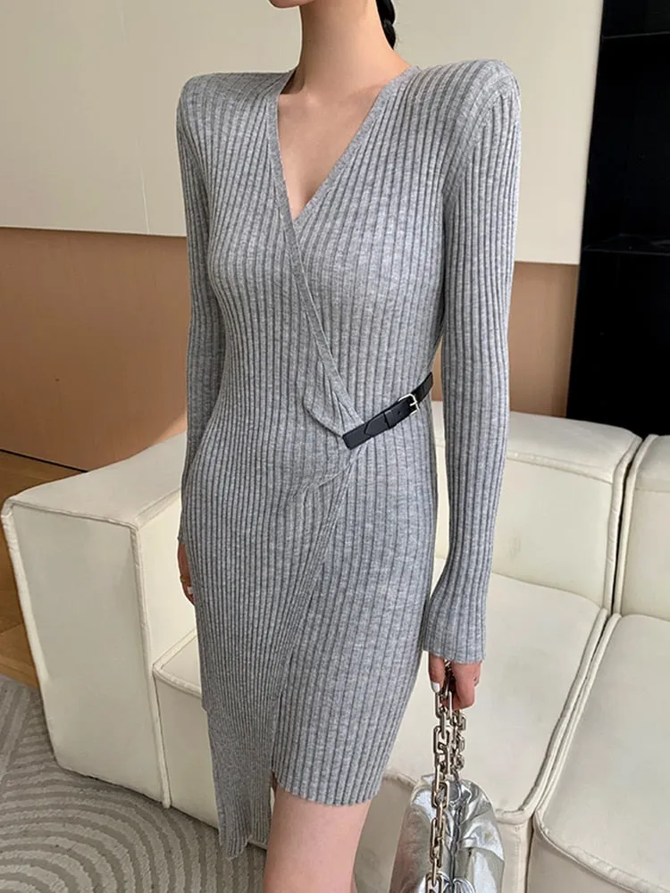 Slim Knitting Dress For Women V Neck Long Sleeve High Waist Solid Minimalist Irregular Hem Dresses Female Clothing