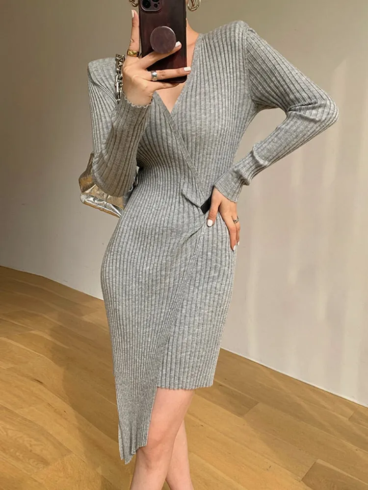 Slim Knitting Dress For Women V Neck Long Sleeve High Waist Solid Minimalist Irregular Hem Dresses Female Clothing