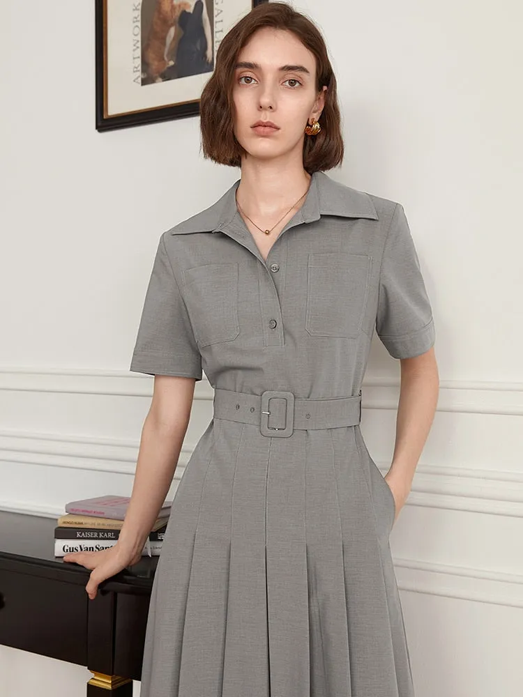 Solid Casual Minimalist Dresses For Women Lapel Short Sleeve High Waist Patchwork Belt Elegant Dress Female