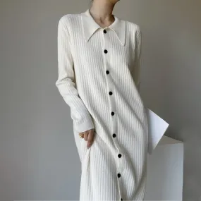 Solid Minimalist Knitting Dresses For Women Lapel Long Sleeve Loose Waist Pacthwork Button Dress Female Clothing