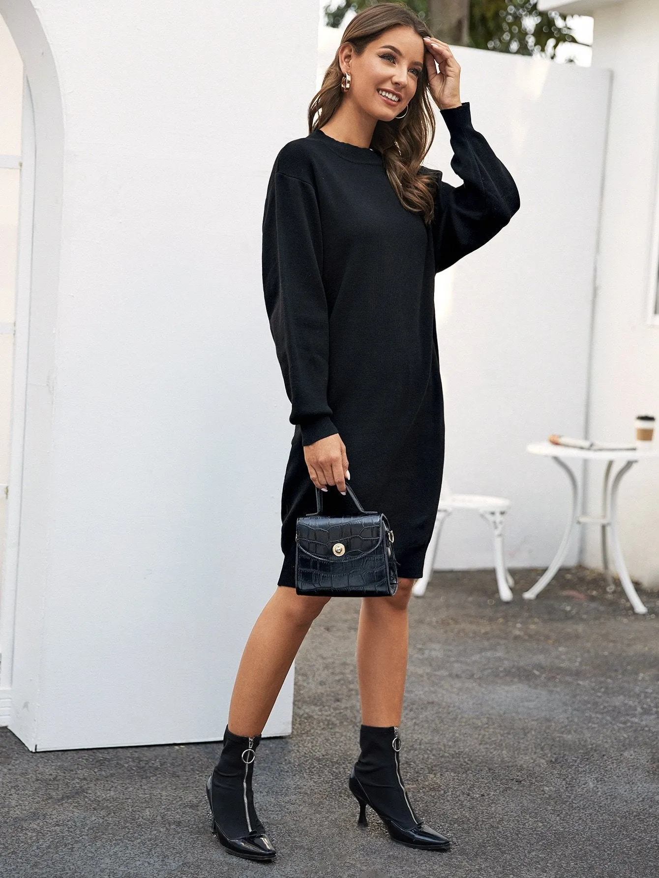 Solid Mock Neck Jumper Dress