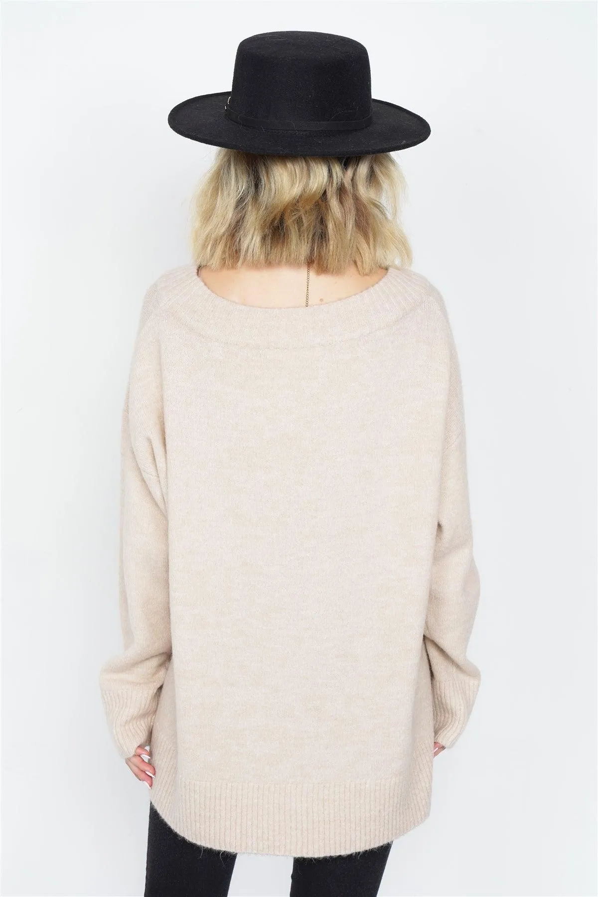 Solid Wool Oversized Ribbed Hem Scoop Neck Sweater