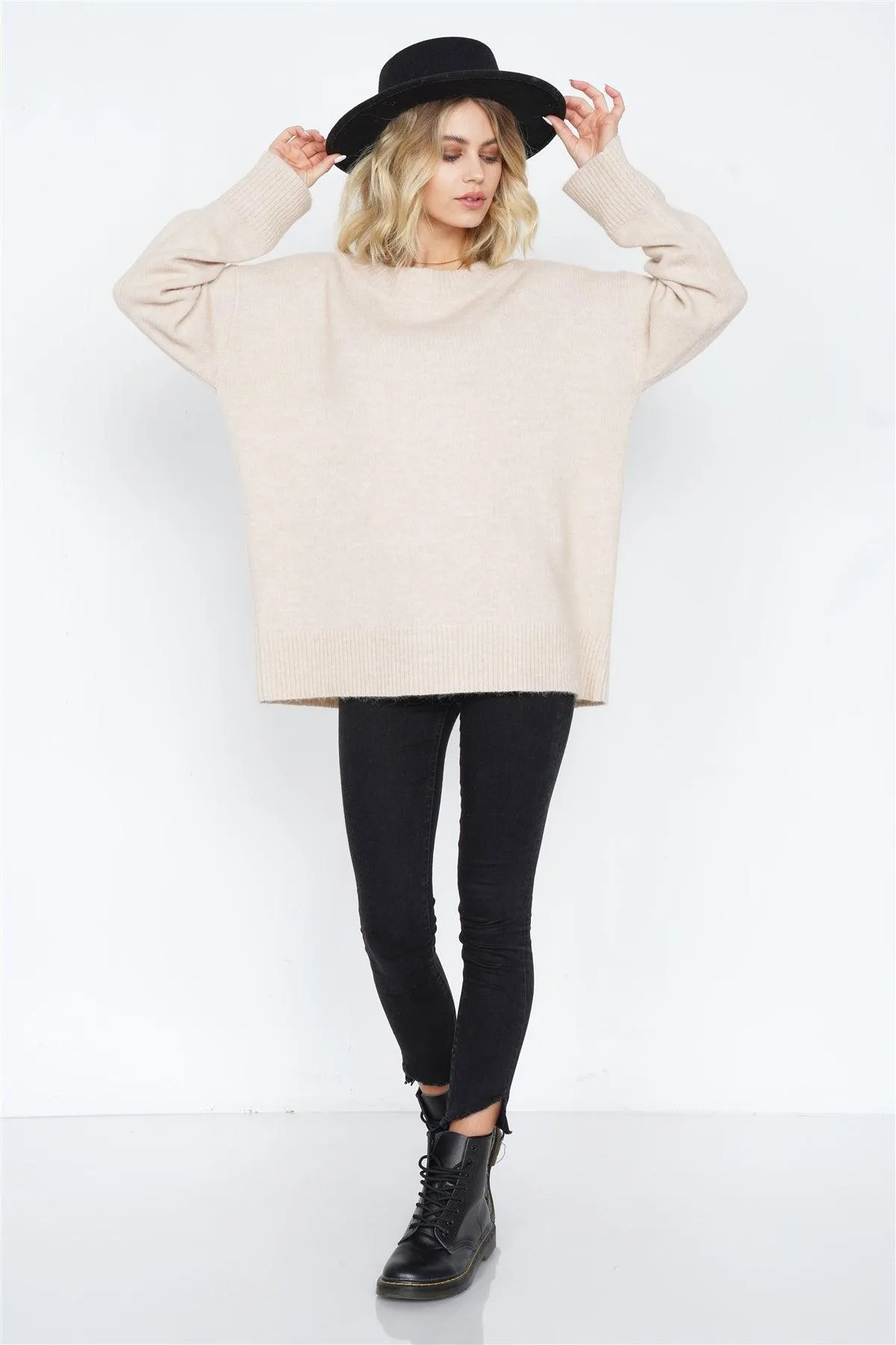 Solid Wool Oversized Ribbed Hem Scoop Neck Sweater