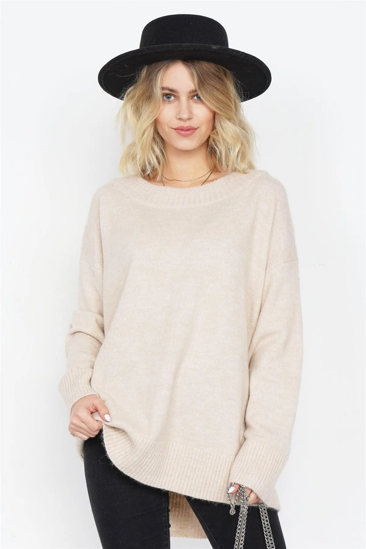 Solid Wool Oversized Ribbed Hem Scoop Neck Sweater