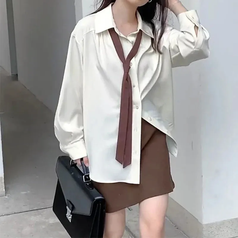 Spring Long Sleeve Button Up Solid Ties Loose Blouse