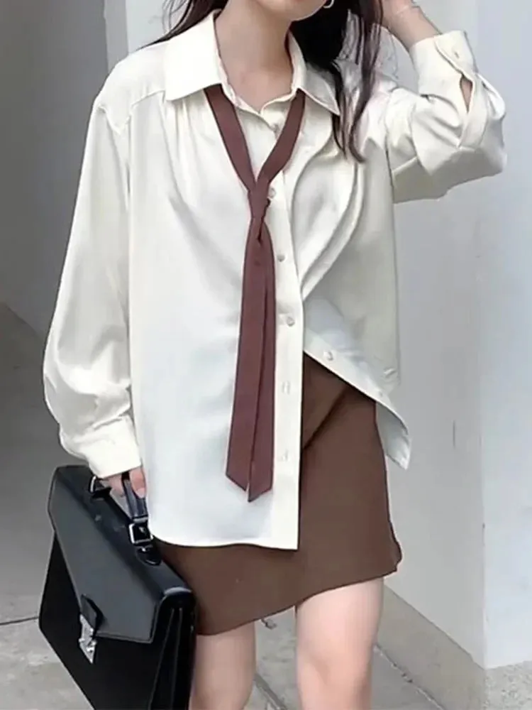 Spring Long Sleeve Button Up Solid Ties Loose Blouse