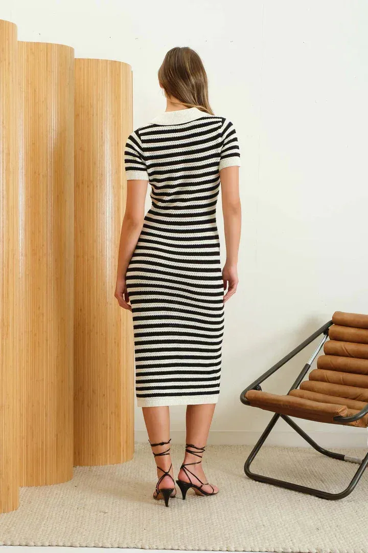 STRIPE CROCHET KNIT COLLARED MIDI DRESS