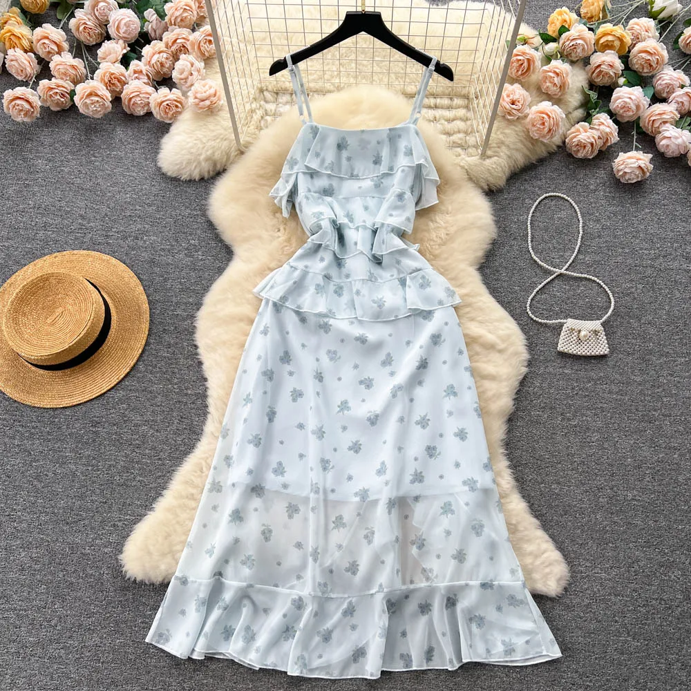 Summer Floral Sling Dress Women Ruffles Slit Fairy Skirt 1253