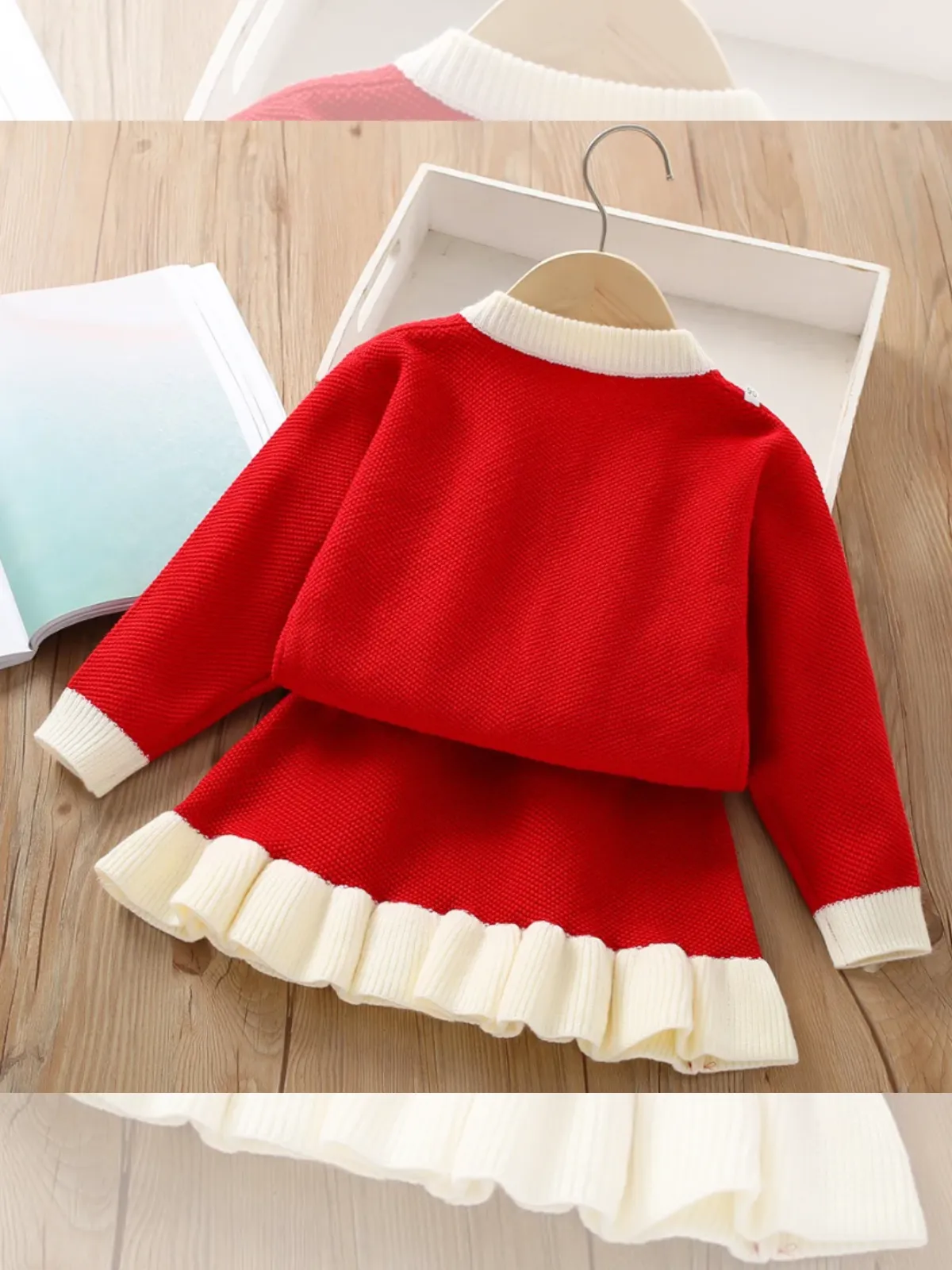 Sweet Bow-Accent Girls' Knit Cardigan and Skirt Set