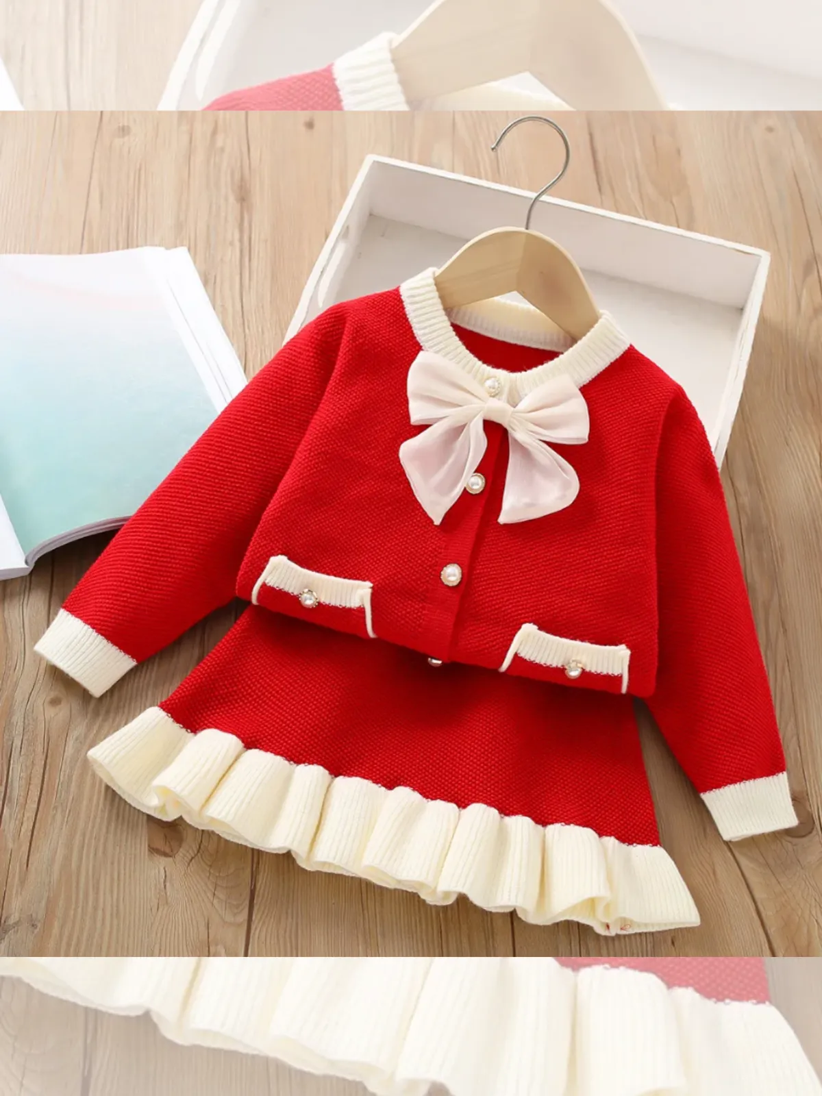 Sweet Bow-Accent Girls' Knit Cardigan and Skirt Set