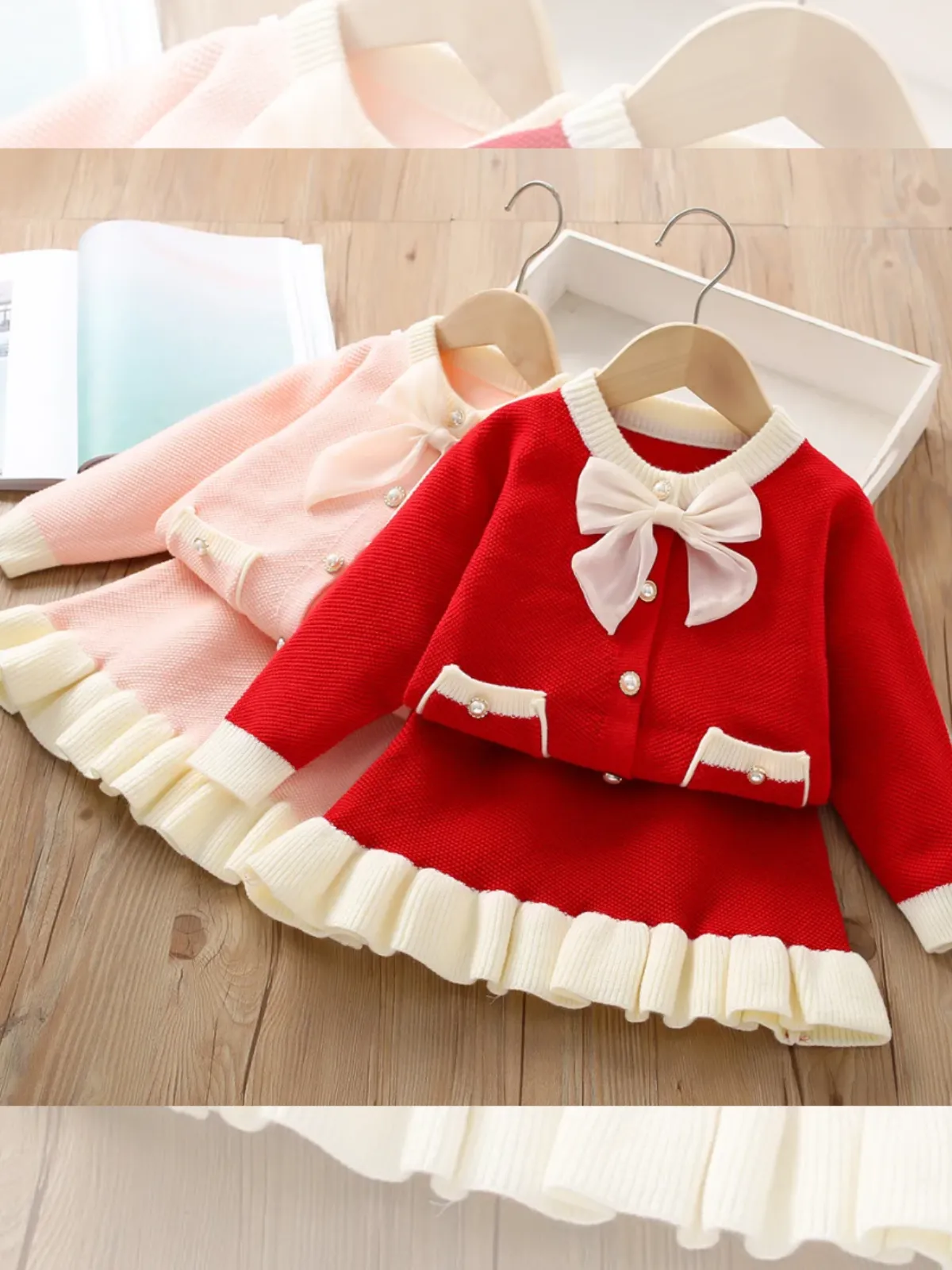 Sweet Bow-Accent Girls' Knit Cardigan and Skirt Set