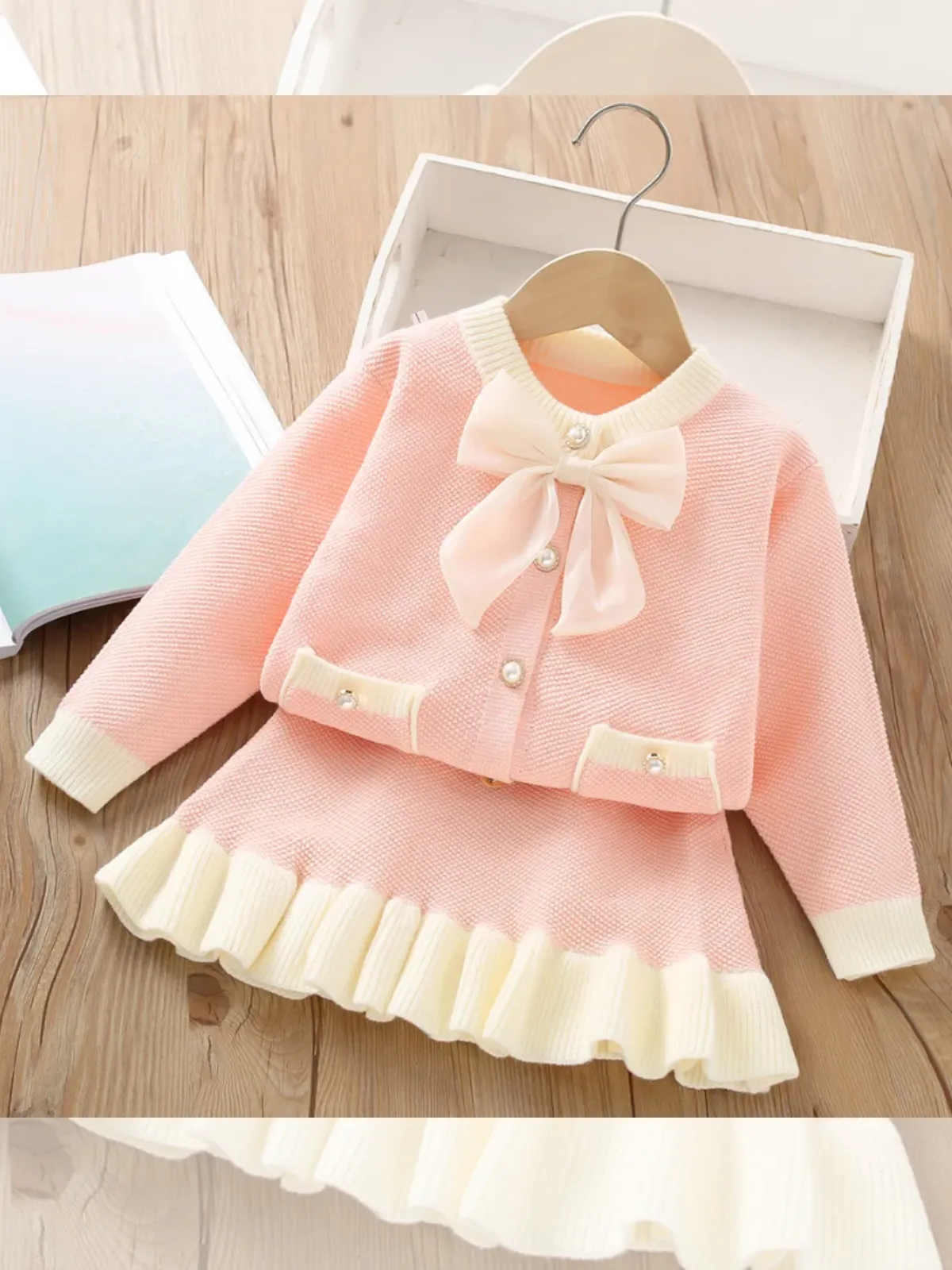 Sweet Bow-Accent Girls' Knit Cardigan and Skirt Set