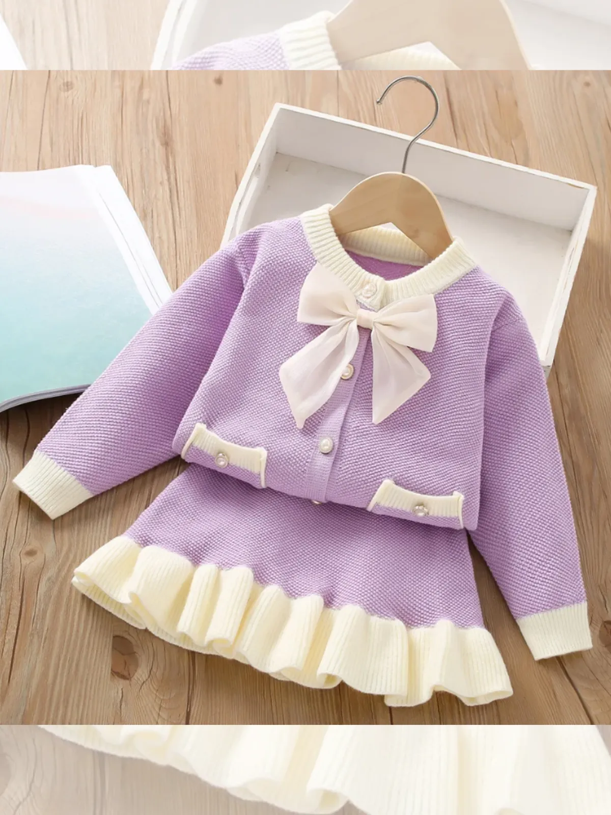 Sweet Bow-Accent Girls' Knit Cardigan and Skirt Set