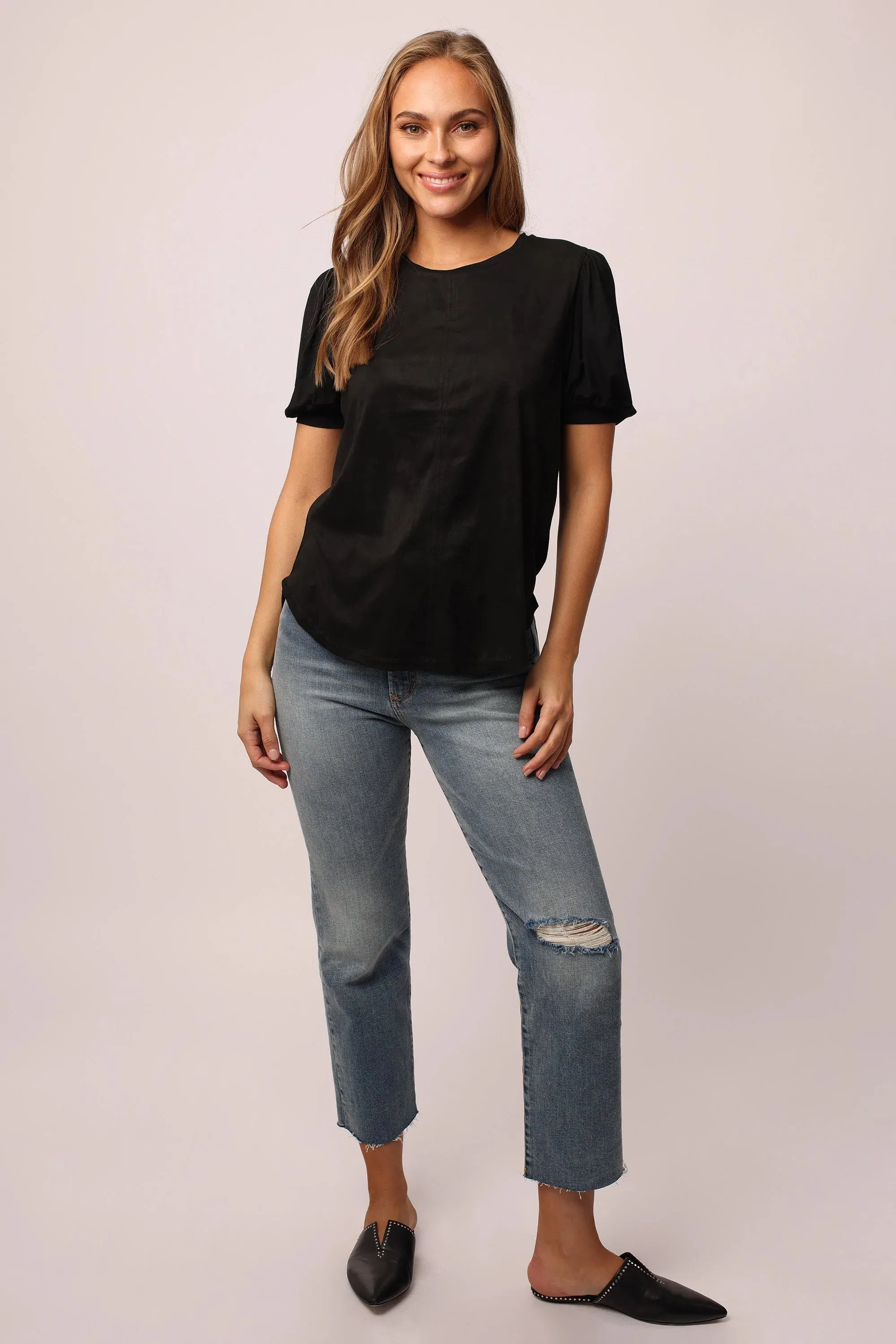 The Nisha Faux Suede Top in Black by Another Love