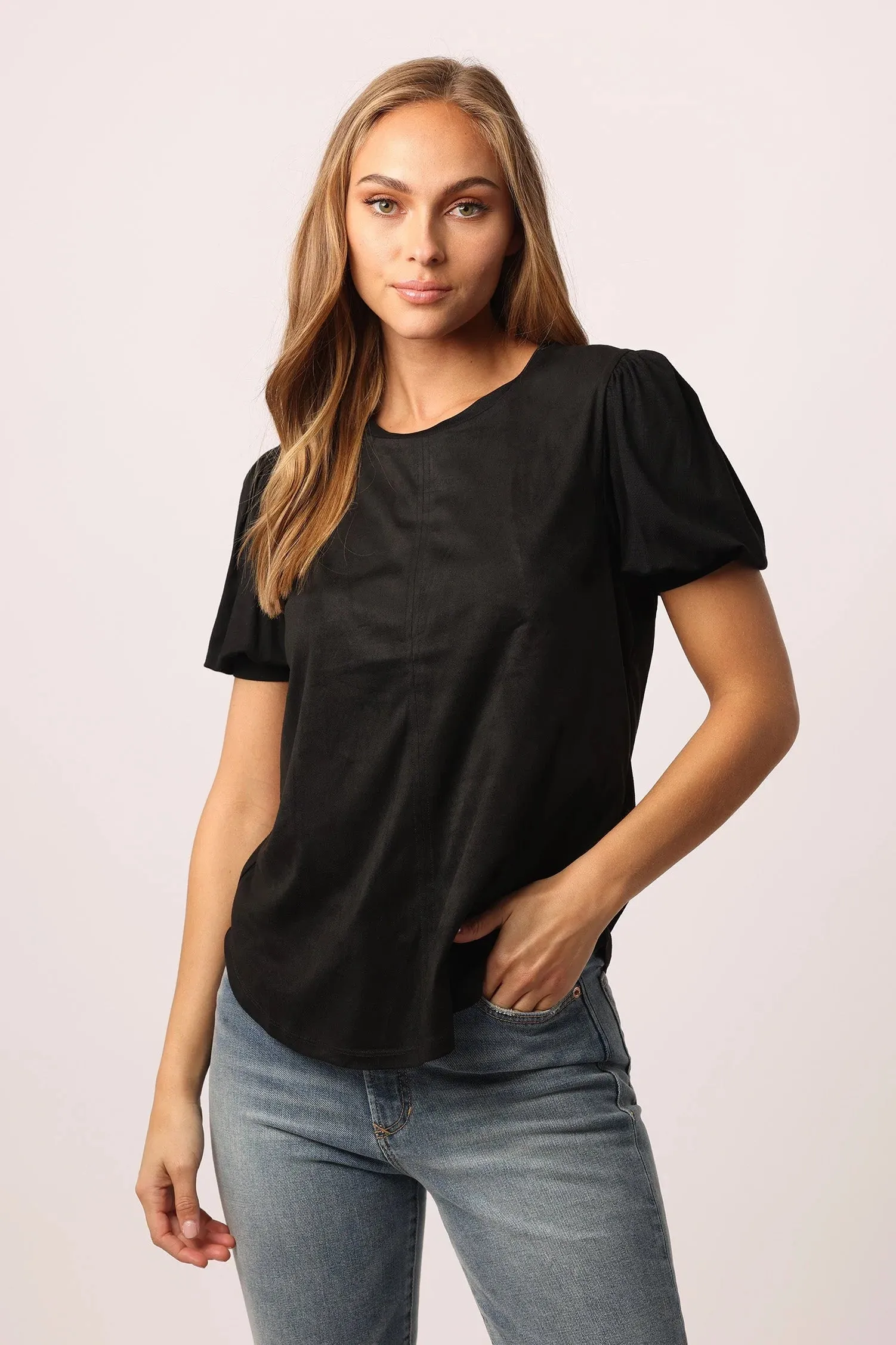 The Nisha Faux Suede Top in Black by Another Love