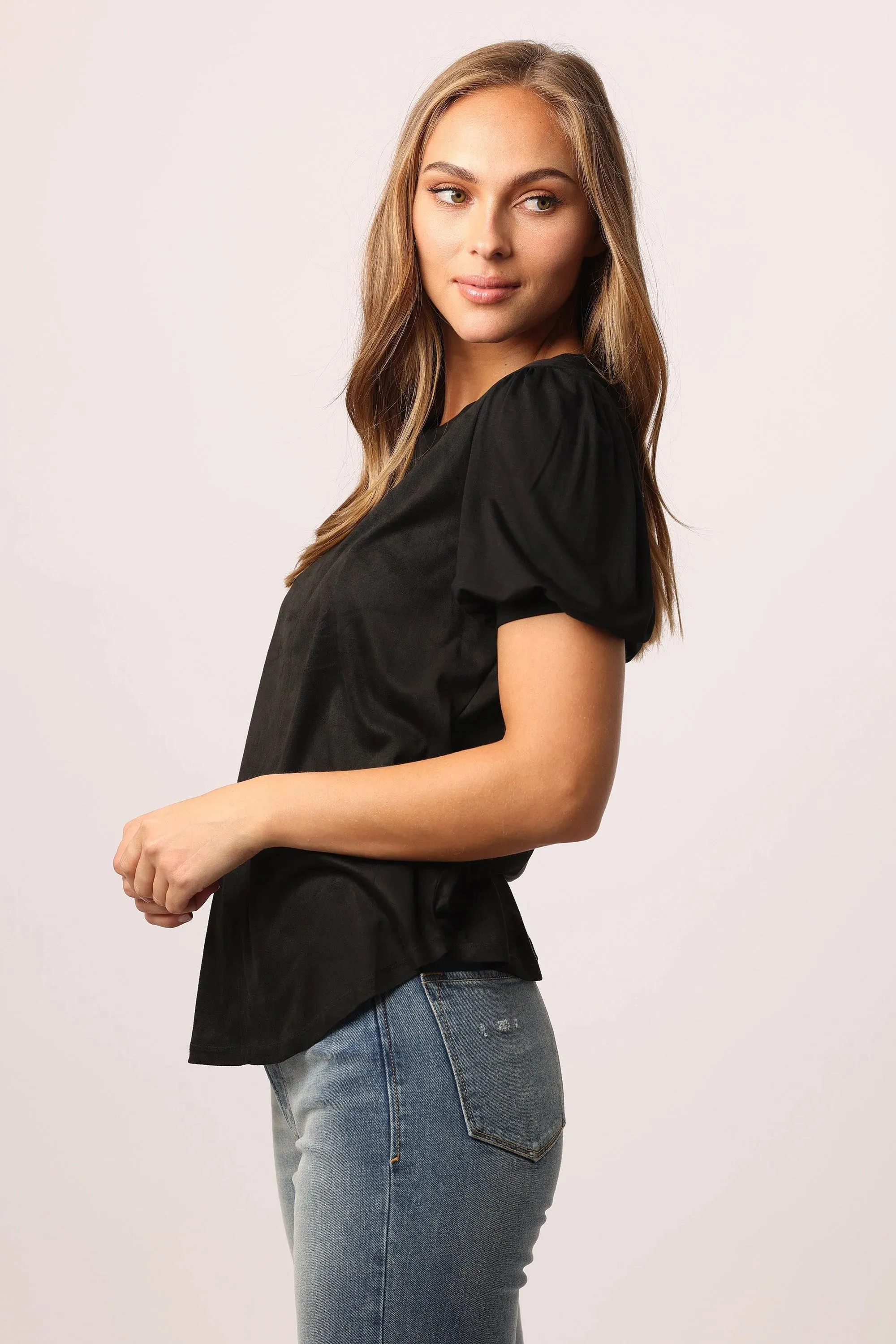 The Nisha Faux Suede Top in Black by Another Love