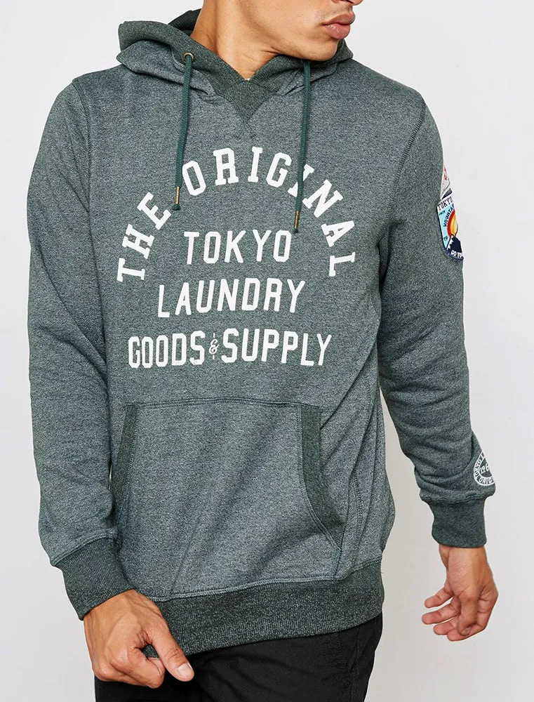 Timberfield Pullover Hoodie With Patches In Hunter Green - Tokyo Laundry