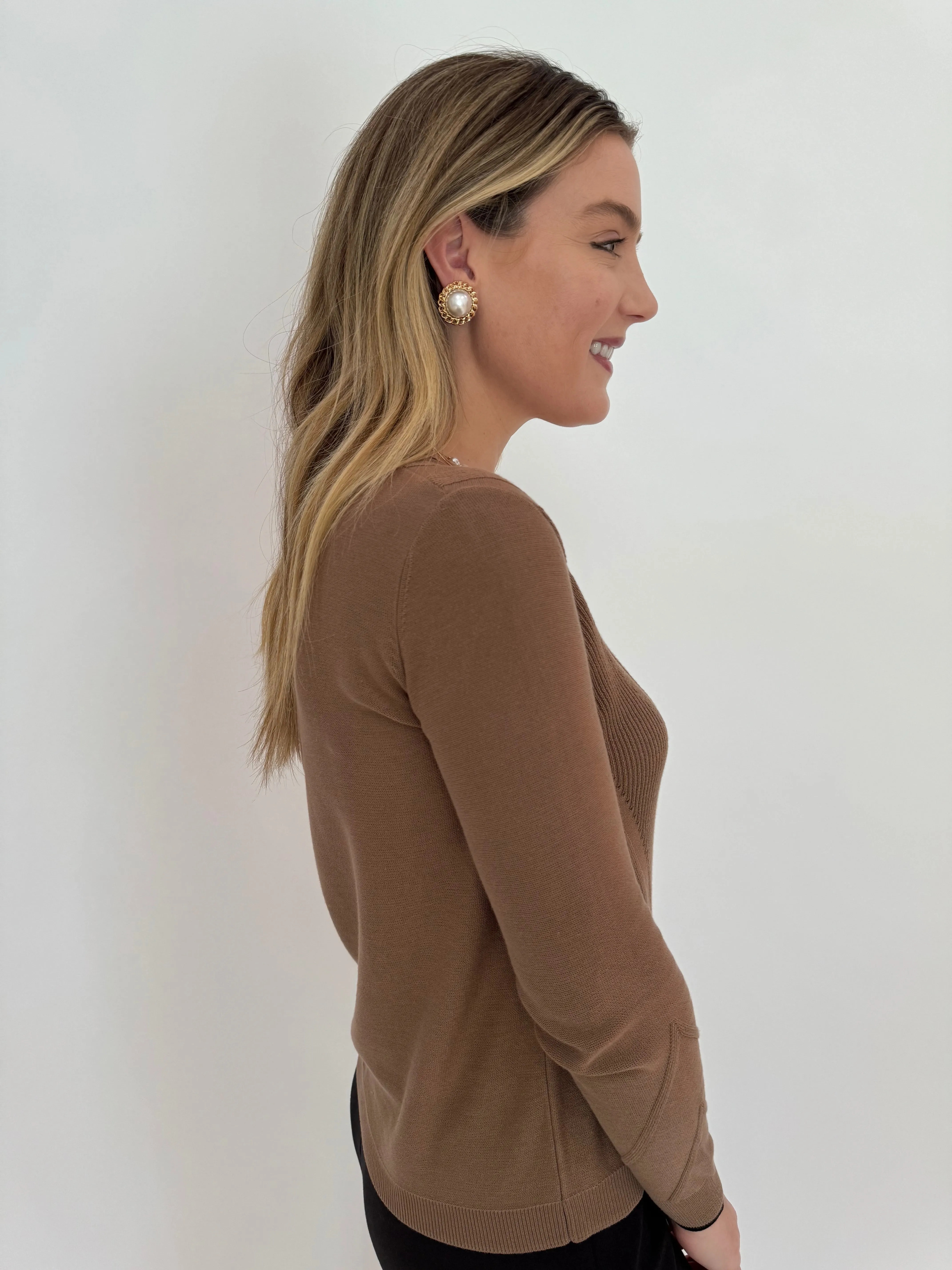 Tipped V-Neck Sweater - Coffee